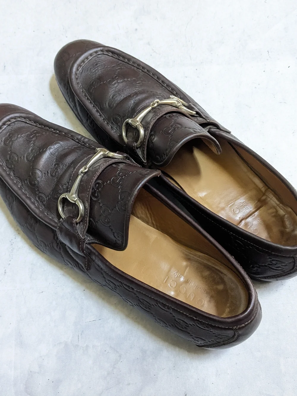 Gucci Horsebit Loafers Brown Monogram Leather Men US 12.5 Slip Ons Snaffle